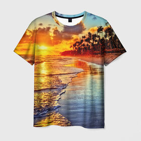 Мужская футболка 3D с принтом Гавайи в Кировске, 100% полиэфир | прямой крой, круглый вырез горловины, длина до линии бедер | hawaii | гавайи | газон | горизонт | море | небо | облака | пальмы | побережье | скалы | солнце | сша | тропики