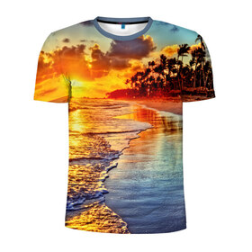 Мужская футболка 3D спортивная с принтом Гавайи в Кировске, 100% полиэстер с улучшенными характеристиками | приталенный силуэт, круглая горловина, широкие плечи, сужается к линии бедра | Тематика изображения на принте: hawaii | гавайи | газон | горизонт | море | небо | облака | пальмы | побережье | скалы | солнце | сша | тропики