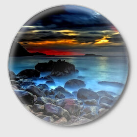 Значок с принтом Скалистый берег в Кировске,  металл | круглая форма, металлическая застежка в виде булавки | Тематика изображения на принте: закат | море | небо | пейзаж | пестрый