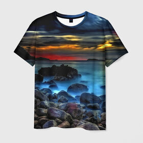 Мужская футболка 3D с принтом Скалистый берег в Кировске, 100% полиэфир | прямой крой, круглый вырез горловины, длина до линии бедер | закат | море | небо | пейзаж | пестрый