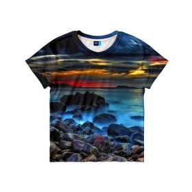 Детская футболка 3D с принтом Скалистый берег в Кировске, 100% гипоаллергенный полиэфир | прямой крой, круглый вырез горловины, длина до линии бедер, чуть спущенное плечо, ткань немного тянется | Тематика изображения на принте: закат | море | небо | пейзаж | пестрый