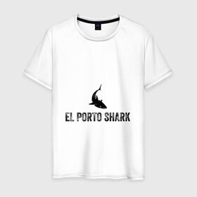 Мужская футболка хлопок с принтом El Porto Shark (в порту акулы) в Кировске, 100% хлопок | прямой крой, круглый вырез горловины, длина до линии бедер, слегка спущенное плечо. | акула | глубина | жабры | злость | зубы | клыки | море | надпись на испанском языке | океан | опасность | плавник | подводный мир | рыба | ужас | хищник | челюсти | челюсть