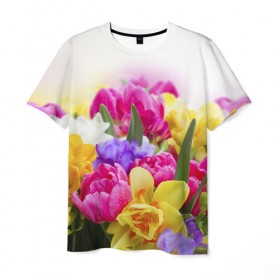 Мужская футболка 3D с принтом Нежность в Кировске, 100% полиэфир | прямой крой, круглый вырез горловины, длина до линии бедер | желтый | красный | любовь | новинки | подарок | розы | сердце | текстура | тюльпаны | цветы