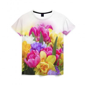Женская футболка 3D с принтом Нежность в Кировске, 100% полиэфир ( синтетическое хлопкоподобное полотно) | прямой крой, круглый вырез горловины, длина до линии бедер | желтый | красный | любовь | новинки | подарок | розы | сердце | текстура | тюльпаны | цветы