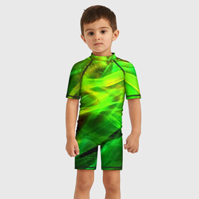 Детский купальный костюм 3D с принтом Световые линии в Кировске, Полиэстер 85%, Спандекс 15% | застежка на молнии на спине | color | colour | glim | glow | light | lights | shine | society | world | абстракция | блеск | великолепие | волны | глянец | дым | зеленый свет | лоск | свет | сияние | солнечный свет