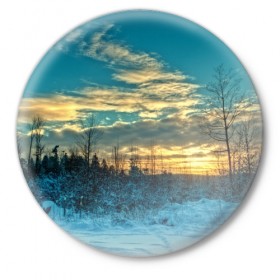 Значок с принтом Winter sunset в Кировске,  металл | круглая форма, металлическая застежка в виде булавки | Тематика изображения на принте: закат | лес зима | пейзаж