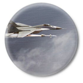 Значок с принтом Атака МиГ-29 в Кировске,  металл | круглая форма, металлическая застежка в виде булавки | самолет