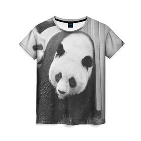 Женская футболка 3D с принтом Панды чб фото в Кировске, 100% полиэфир ( синтетическое хлопкоподобное полотно) | прямой крой, круглый вырез горловины, длина до линии бедер | бамбук | животное | медведь