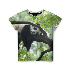Детская футболка 3D с принтом Панда спит на ветке в Кировске, 100% гипоаллергенный полиэфир | прямой крой, круглый вырез горловины, длина до линии бедер, чуть спущенное плечо, ткань немного тянется | бамбук | животное | медведь