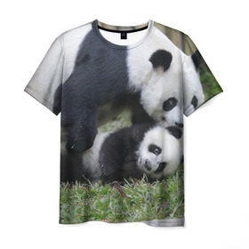 Мужская футболка 3D с принтом Мамочка и сыночек панды в Кировске, 100% полиэфир | прямой крой, круглый вырез горловины, длина до линии бедер | бамбук | животное | медведь