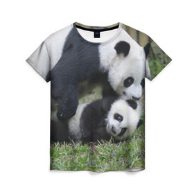 Женская футболка 3D с принтом Мамочка и сыночек панды в Кировске, 100% полиэфир ( синтетическое хлопкоподобное полотно) | прямой крой, круглый вырез горловины, длина до линии бедер | бамбук | животное | медведь