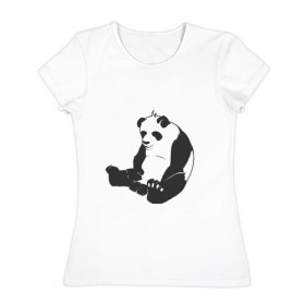Женская футболка хлопок с принтом Задумчивый панда в Кировске, 100% хлопок | прямой крой, круглый вырез горловины, длина до линии бедер, слегка спущенное плечо | бамбук | животное | медведь