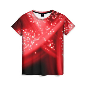 Женская футболка 3D с принтом Звёздный шлейф в Кировске, 100% полиэфир ( синтетическое хлопкоподобное полотно) | прямой крой, круглый вырез горловины, длина до линии бедер | абстракция | блеск | гламур | звёздочка | звёзды | красный | огни