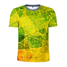 Мужская футболка 3D спортивная с принтом Particles в Кировске, 100% полиэстер с улучшенными характеристиками | приталенный силуэт, круглая горловина, широкие плечи, сужается к линии бедра | желтый | зеленый | потертый | треугольники | яркий