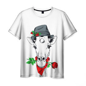 Мужская футболка 3D с принтом Жираф джентльмен в Кировске, 100% полиэфир | прямой крой, круглый вырез горловины, длина до линии бедер | жираф | роза | шляпа