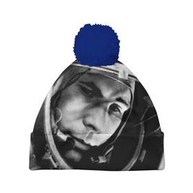 Шапка 3D c помпоном с принтом Юрий Гагарин в Кировске, 100% полиэстер | универсальный размер, печать по всей поверхности изделия | первый космонавт