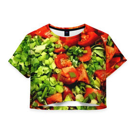 Женская футболка 3D укороченная с принтом Салатик в Кировске, 100% полиэстер | круглая горловина, длина футболки до линии талии, рукава с отворотами | Тематика изображения на принте: зеленый | красный | нарезка | овощи | яркий
