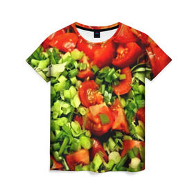 Женская футболка 3D с принтом Салатик в Кировске, 100% полиэфир ( синтетическое хлопкоподобное полотно) | прямой крой, круглый вырез горловины, длина до линии бедер | зеленый | красный | нарезка | овощи | яркий