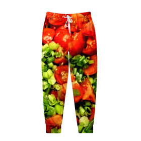 Мужские брюки 3D с принтом Салатик в Кировске, 100% полиэстер | манжеты по низу, эластичный пояс регулируется шнурком, по бокам два кармана без застежек, внутренняя часть кармана из мелкой сетки | зеленый | красный | нарезка | овощи | яркий