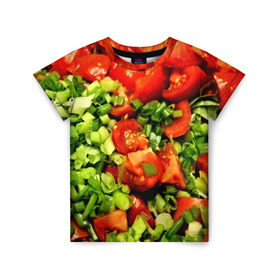 Детская футболка 3D с принтом Салатик в Кировске, 100% гипоаллергенный полиэфир | прямой крой, круглый вырез горловины, длина до линии бедер, чуть спущенное плечо, ткань немного тянется | зеленый | красный | нарезка | овощи | яркий