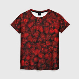 Женская футболка 3D с принтом Малинки в Кировске, 100% полиэфир ( синтетическое хлопкоподобное полотно) | прямой крой, круглый вырез горловины, длина до линии бедер | малиновый | паттерн | темный | ягоды