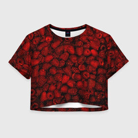 Женская футболка 3D укороченная с принтом Малинки в Кировске, 100% полиэстер | круглая горловина, длина футболки до линии талии, рукава с отворотами | малиновый | паттерн | темный | ягоды
