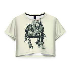 Женская футболка 3D укороченная с принтом Обезьяна с пистолетом в Кировске, 100% полиэстер | круглая горловина, длина футболки до линии талии, рукава с отворотами | звезда | пистолет | шапка | шимпанзе