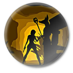 Значок с принтом Tomb Raider в Кировске,  металл | круглая форма, металлическая застежка в виде булавки | желтый | лара крофт | черный