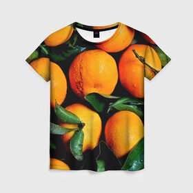 Женская футболка 3D с принтом Мандаринчики в Кировске, 100% полиэфир ( синтетическое хлопкоподобное полотно) | прямой крой, круглый вырез горловины, длина до линии бедер | зелень | оранжевый | цитрус | яркий