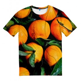 Мужская футболка 3D с принтом Мандаринчики в Кировске, 100% полиэфир | прямой крой, круглый вырез горловины, длина до линии бедер | зелень | оранжевый | цитрус | яркий
