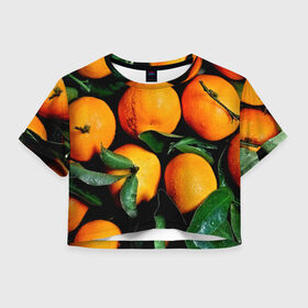 Женская футболка 3D укороченная с принтом Мандаринчики в Кировске, 100% полиэстер | круглая горловина, длина футболки до линии талии, рукава с отворотами | зелень | оранжевый | цитрус | яркий