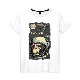 Женская футболка хлопок с принтом Обезьяна космонавт в Кировске, 100% хлопок | прямой крой, круглый вырез горловины, длина до линии бедер, слегка спущенное плечо | космонавт | космос | обезьяна | шимпанзе