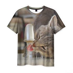 Мужская футболка 3D с принтом Кот пьющий воду из под крана в Кировске, 100% полиэфир | прямой крой, круглый вырез горловины, длина до линии бедер | Тематика изображения на принте: 