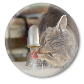 Значок с принтом Кот пьющий воду из под крана в Кировске,  металл | круглая форма, металлическая застежка в виде булавки | Тематика изображения на принте: 