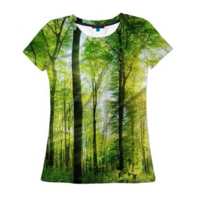Женская футболка 3D с принтом Солнечный лес в Кировске, 100% полиэфир ( синтетическое хлопкоподобное полотно) | прямой крой, круглый вырез горловины, длина до линии бедер | деревья | зелень | лес | лето | лучи солнца | солнце | тайга