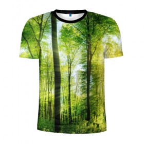 Мужская футболка 3D спортивная с принтом Солнечный лес в Кировске, 100% полиэстер с улучшенными характеристиками | приталенный силуэт, круглая горловина, широкие плечи, сужается к линии бедра | деревья | зелень | лес | лето | лучи солнца | солнце | тайга