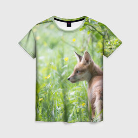 Женская футболка 3D с принтом Лисенок в Кировске, 100% полиэфир ( синтетическое хлопкоподобное полотно) | прямой крой, круглый вырез горловины, длина до линии бедер | fox | животное | зверь | красивая | лес | лис | лиса | лисенок | лисица | лисичка | природа | рыжая | рыжий цвет | хвост | хитрая | хищник