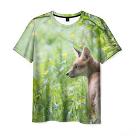 Мужская футболка 3D с принтом Лисенок в Кировске, 100% полиэфир | прямой крой, круглый вырез горловины, длина до линии бедер | fox | животное | зверь | красивая | лес | лис | лиса | лисенок | лисица | лисичка | природа | рыжая | рыжий цвет | хвост | хитрая | хищник
