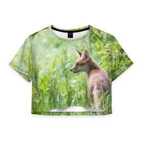 Женская футболка 3D укороченная с принтом Лисенок в Кировске, 100% полиэстер | круглая горловина, длина футболки до линии талии, рукава с отворотами | fox | животное | зверь | красивая | лес | лис | лиса | лисенок | лисица | лисичка | природа | рыжая | рыжий цвет | хвост | хитрая | хищник