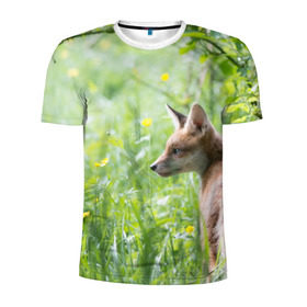 Мужская футболка 3D спортивная с принтом Лисенок в Кировске, 100% полиэстер с улучшенными характеристиками | приталенный силуэт, круглая горловина, широкие плечи, сужается к линии бедра | fox | животное | зверь | красивая | лес | лис | лиса | лисенок | лисица | лисичка | природа | рыжая | рыжий цвет | хвост | хитрая | хищник