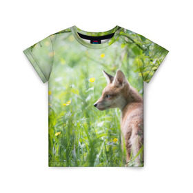 Детская футболка 3D с принтом Лисенок в Кировске, 100% гипоаллергенный полиэфир | прямой крой, круглый вырез горловины, длина до линии бедер, чуть спущенное плечо, ткань немного тянется | Тематика изображения на принте: fox | животное | зверь | красивая | лес | лис | лиса | лисенок | лисица | лисичка | природа | рыжая | рыжий цвет | хвост | хитрая | хищник