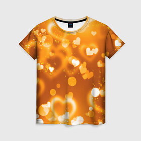 Женская футболка 3D с принтом Сердечки в золоте в Кировске, 100% полиэфир ( синтетическое хлопкоподобное полотно) | прямой крой, круглый вырез горловины, длина до линии бедер | Тематика изображения на принте: желтый | золотое | сердечки | яркий