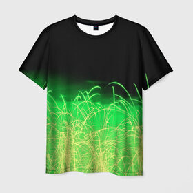 Мужская футболка 3D с принтом Зеленые искры в Кировске, 100% полиэфир | прямой крой, круглый вырез горловины, длина до линии бедер | 3d | абстракция | брызги | зеленый | искры | линии | полосы | прикольные | салют | свет | узоры | яркие