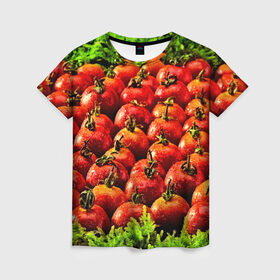 Женская футболка 3D с принтом Томатик в Кировске, 100% полиэфир ( синтетическое хлопкоподобное полотно) | прямой крой, круглый вырез горловины, длина до линии бедер | 3d | еда | зелень | красный | лето | много | овощи | пища | помидор | прикольные | томат | яркие