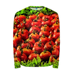 Мужской лонгслив 3D с принтом Томатик в Кировске, 100% полиэстер | длинные рукава, круглый вырез горловины, полуприлегающий силуэт | 3d | еда | зелень | красный | лето | много | овощи | пища | помидор | прикольные | томат | яркие