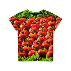 Детская футболка 3D с принтом Томатик в Кировске, 100% гипоаллергенный полиэфир | прямой крой, круглый вырез горловины, длина до линии бедер, чуть спущенное плечо, ткань немного тянется | 3d | еда | зелень | красный | лето | много | овощи | пища | помидор | прикольные | томат | яркие