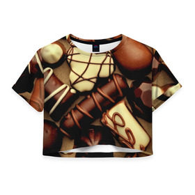 Женская футболка 3D укороченная с принтом Сладкие конфетки в Кировске, 100% полиэстер | круглая горловина, длина футболки до линии талии, рукава с отворотами | 3d | десерт | еда | конфеты | много | пища | разные | сладкое | темный | фигуры | фон | форма | шоколад | яркие