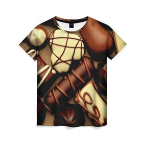 Женская футболка 3D с принтом Сладкие конфетки в Кировске, 100% полиэфир ( синтетическое хлопкоподобное полотно) | прямой крой, круглый вырез горловины, длина до линии бедер | 3d | десерт | еда | конфеты | много | пища | разные | сладкое | темный | фигуры | фон | форма | шоколад | яркие