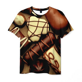 Мужская футболка 3D с принтом Сладкие конфетки в Кировске, 100% полиэфир | прямой крой, круглый вырез горловины, длина до линии бедер | 3d | десерт | еда | конфеты | много | пища | разные | сладкое | темный | фигуры | фон | форма | шоколад | яркие