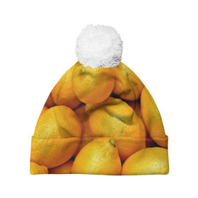 Шапка 3D c помпоном с принтом Лимончики в Кировске, 100% полиэстер | универсальный размер, печать по всей поверхности изделия | Тематика изображения на принте: 3d | витамин | еда | желтый | лето | лимон | много | пища | прикольные | сочные | фрукты | цитрус | яркие
